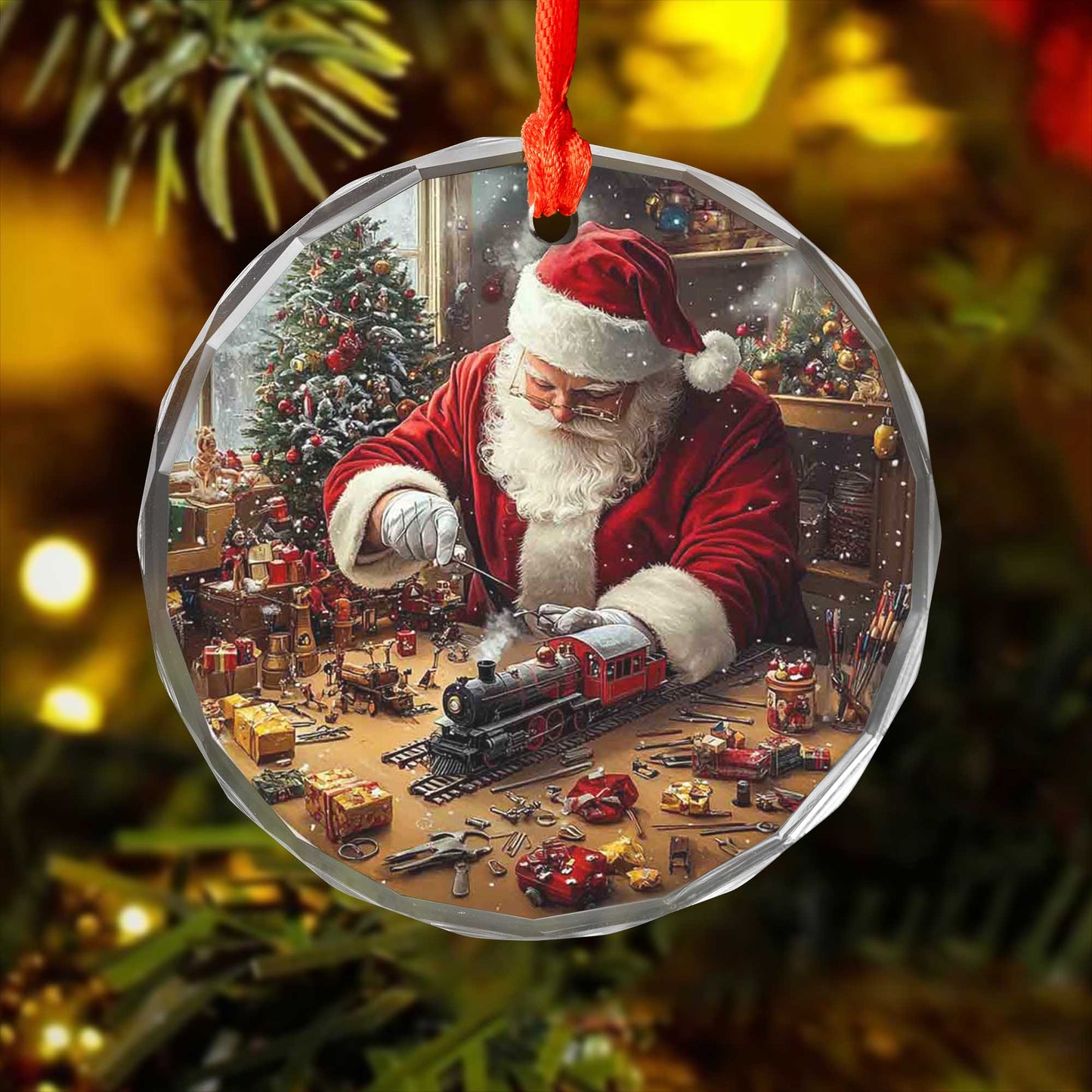 Netecom Santa Claus with Christmas Gifts and Toy Train Glass Ornament – Christmas Tree Decoration