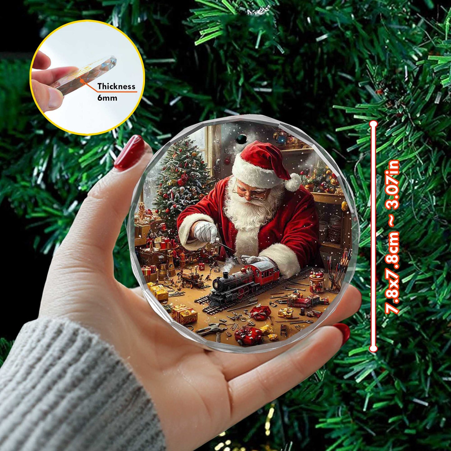 Netecom Santa Claus with Christmas Gifts and Toy Train Glass Ornament – Christmas Tree Decoration