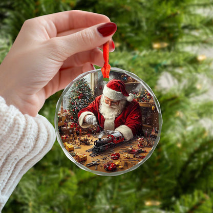 Netecom Santa Claus with Christmas Gifts and Toy Train Glass Ornament – Christmas Tree Decoration