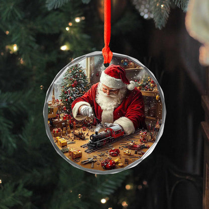 Netecom Santa Claus with Christmas Gifts and Toy Train Glass Ornament – Christmas Tree Decoration