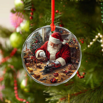 Netecom Santa Claus with Christmas Gifts and Toy Train Glass Ornament – Christmas Tree Decoration