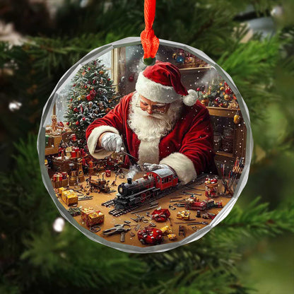 Netecom Santa Claus with Christmas Gifts and Toy Train Glass Ornament – Christmas Tree Decoration
