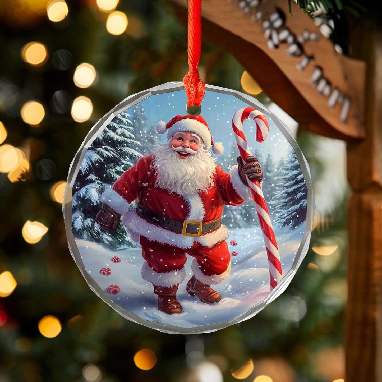 Netecom Santa Claus with Candy Cane Glass Ornament – Christmas Tree Decoration, Holiday Keepsake Gift