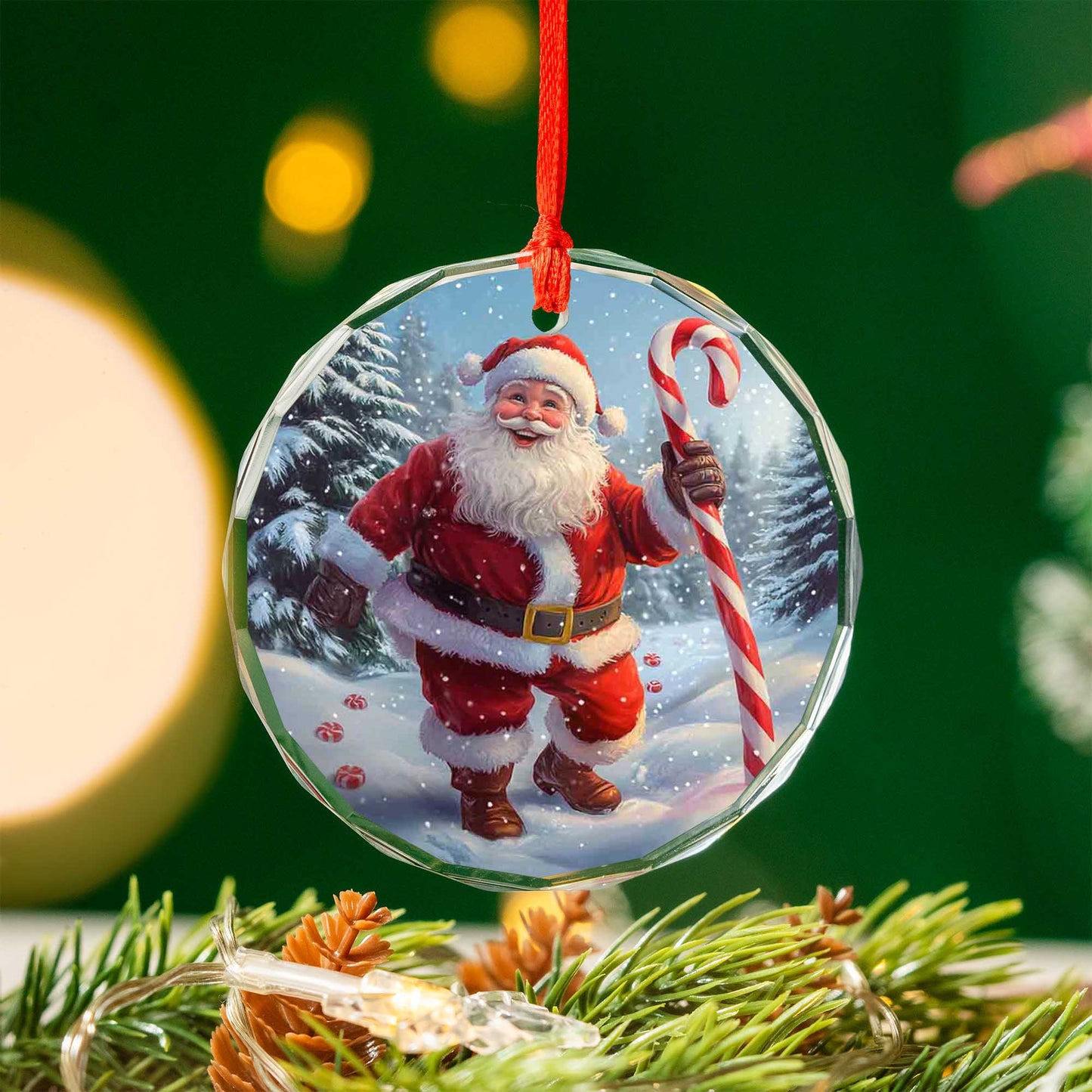 Netecom Santa Claus with Candy Cane Glass Ornament – Christmas Tree Decoration, Holiday Keepsake Gift