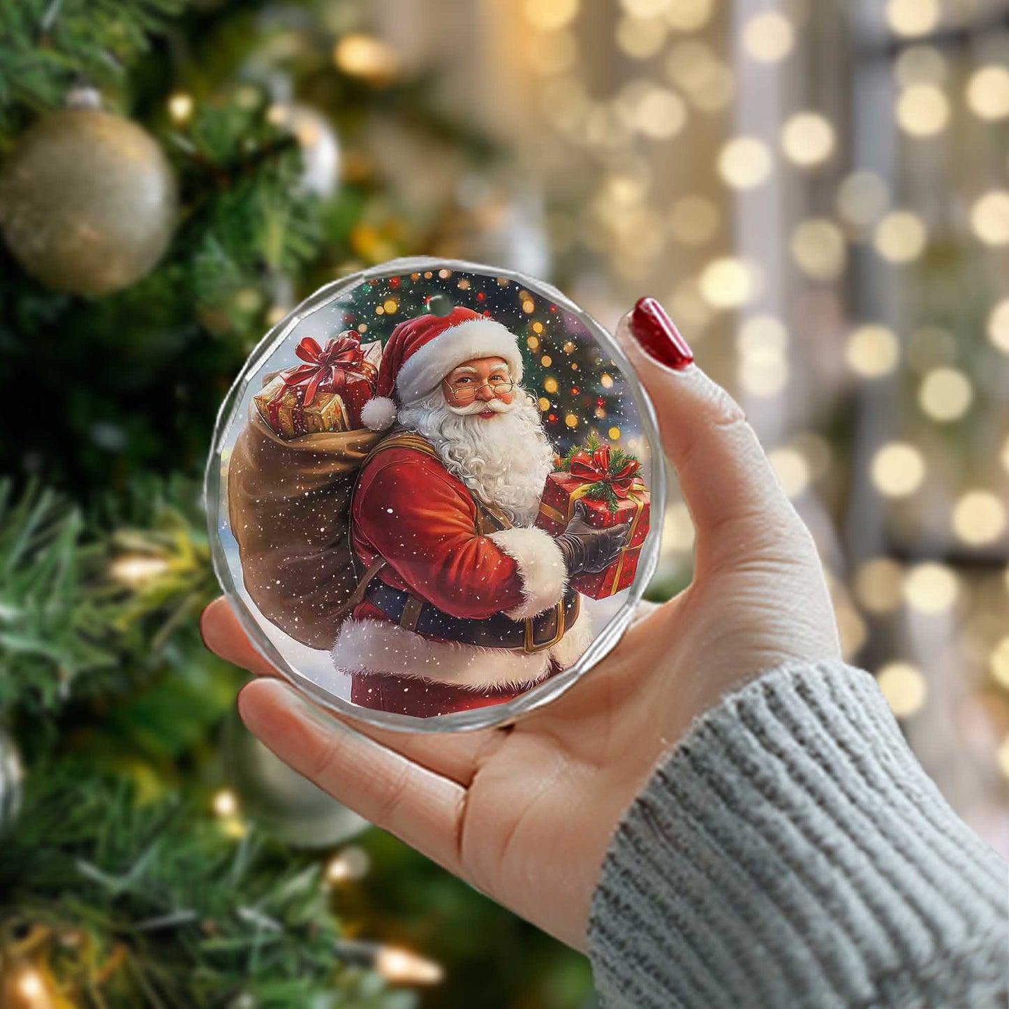 Netecom Santa Claus Carrying Christmas Gifts Glass Ornament – Holiday Tree Decoration, Festive Keepsake