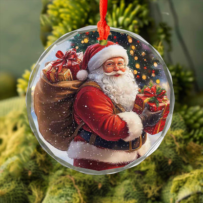 Netecom Santa Claus Carrying Christmas Gifts Glass Ornament – Holiday Tree Decoration, Festive Keepsake