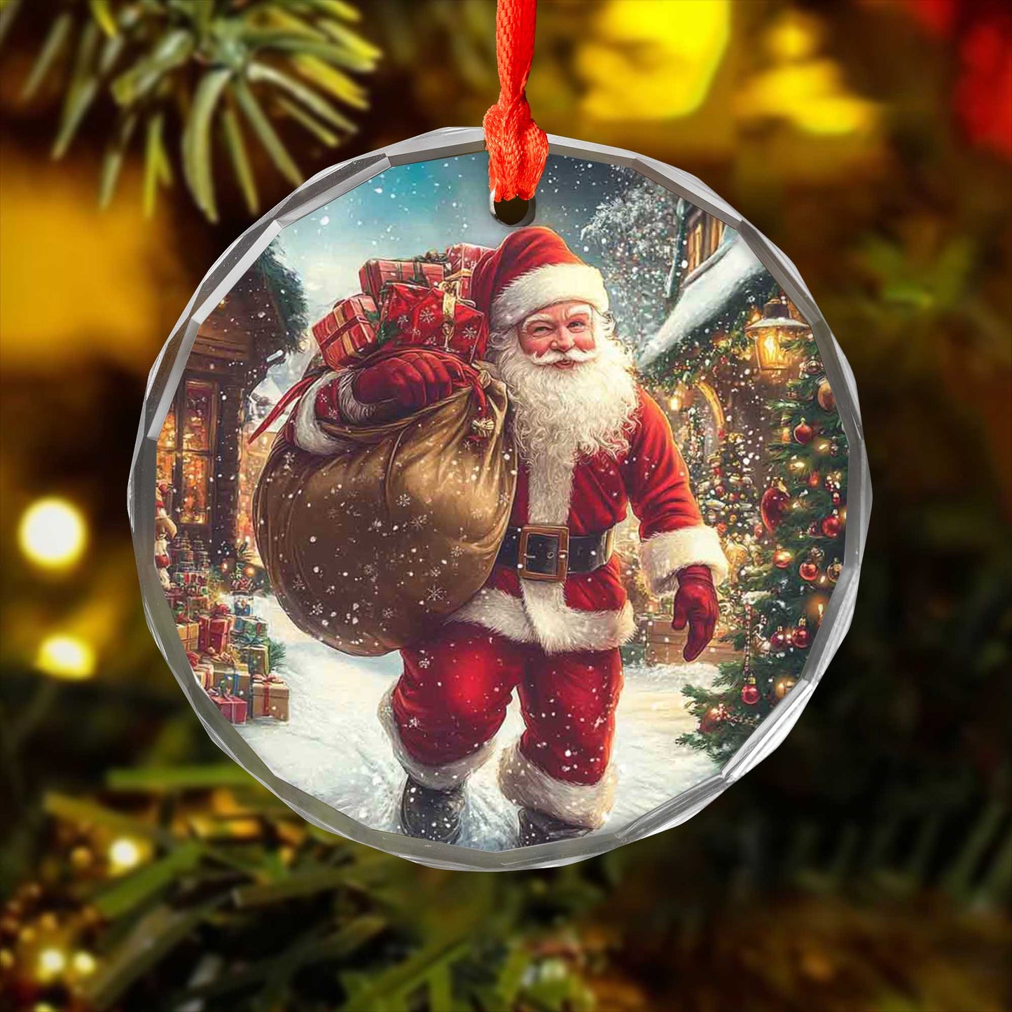 Netecom Santa Claus with Christmas Gifts Glass Ornament – Christmas Tree Decoration, Seasonal Keepsake