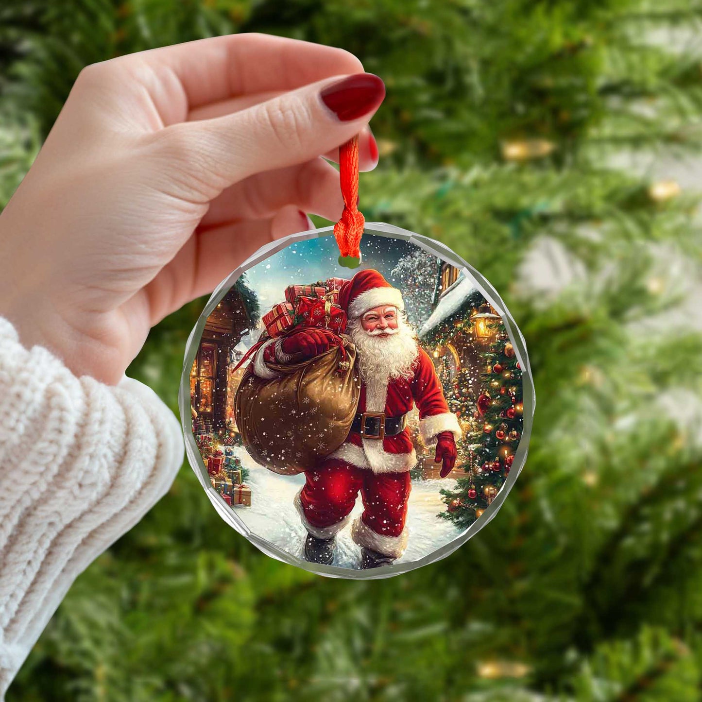 Netecom Santa Claus with Christmas Gifts Glass Ornament – Christmas Tree Decoration, Seasonal Keepsake