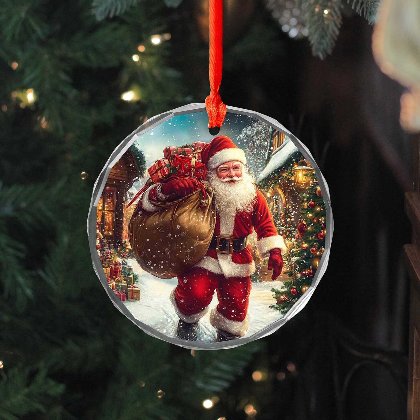 Netecom Santa Claus with Christmas Gifts Glass Ornament – Christmas Tree Decoration, Seasonal Keepsake