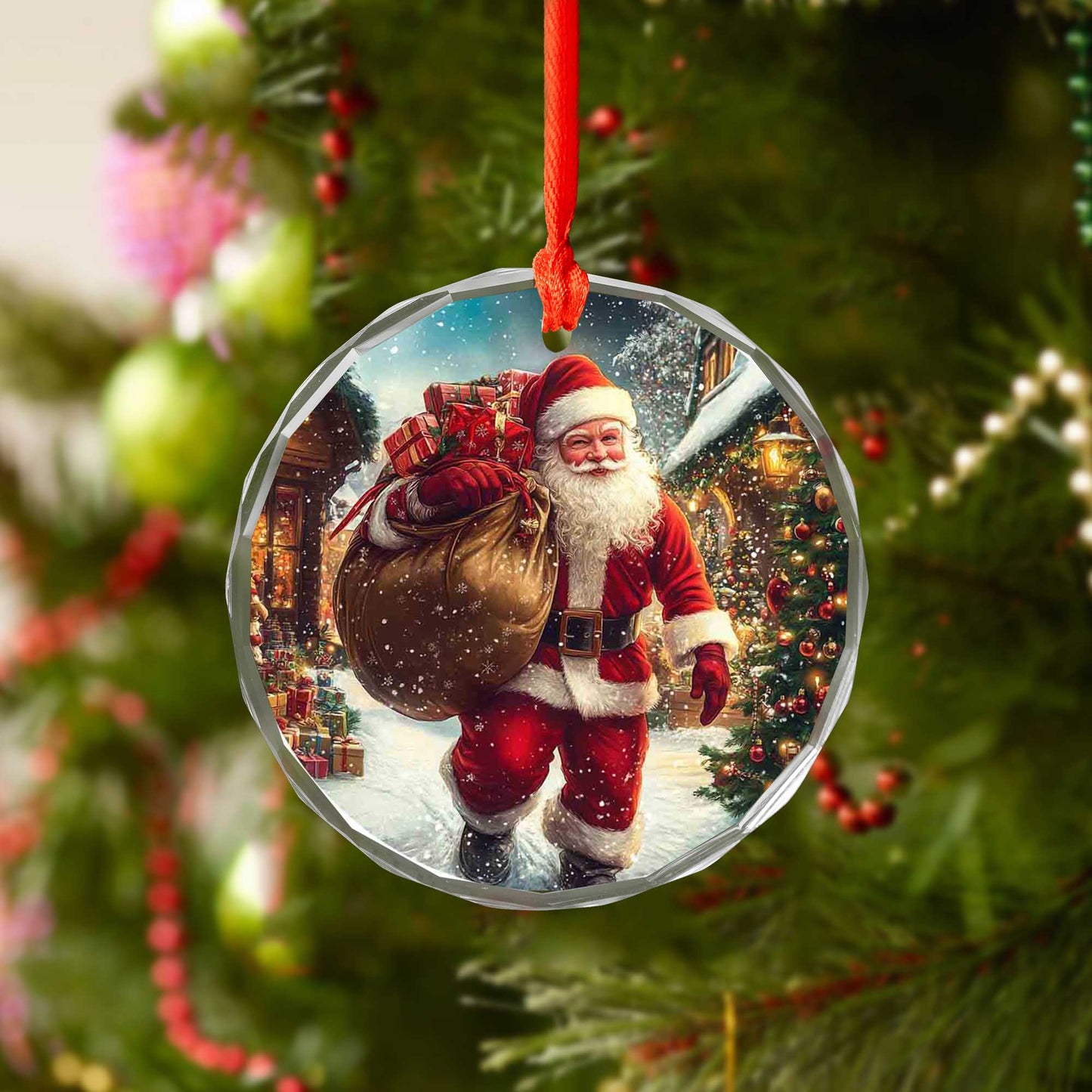 Netecom Santa Claus with Christmas Gifts Glass Ornament – Christmas Tree Decoration, Seasonal Keepsake