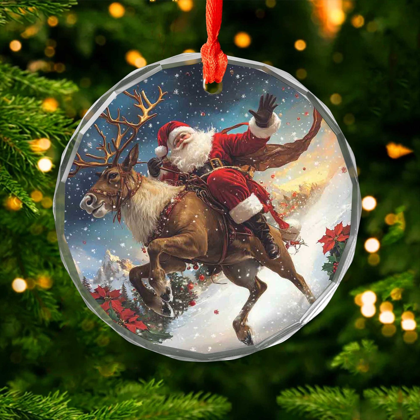 Netecom Santa Claus on Reindeer Glass Ornament – Merry Christmas Tree Decoration, 3-Inch Holiday Keepsake
