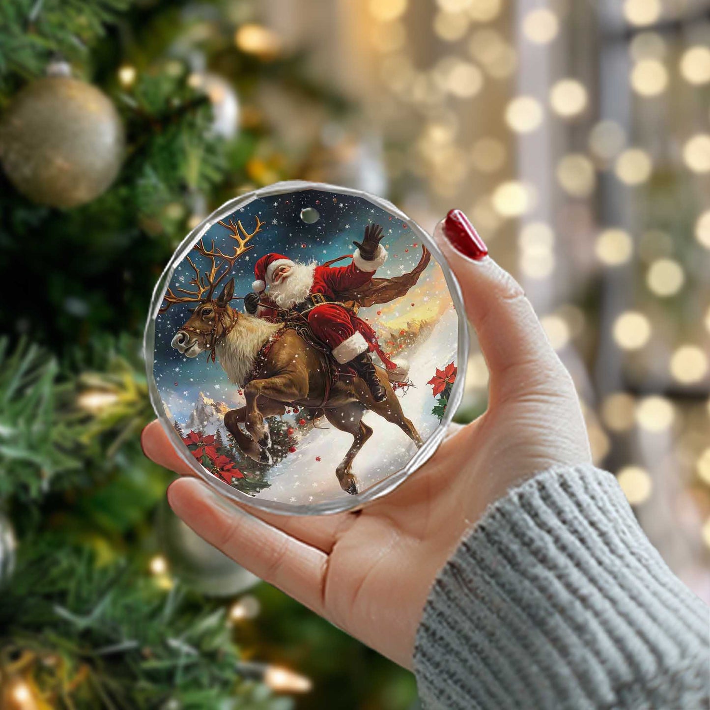 Netecom Santa Claus on Reindeer Glass Ornament – Merry Christmas Tree Decoration, 3-Inch Holiday Keepsake