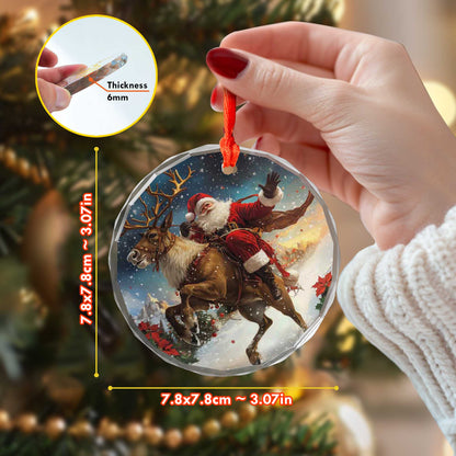 Netecom Santa Claus on Reindeer Glass Ornament – Merry Christmas Tree Decoration, 3-Inch Holiday Keepsake