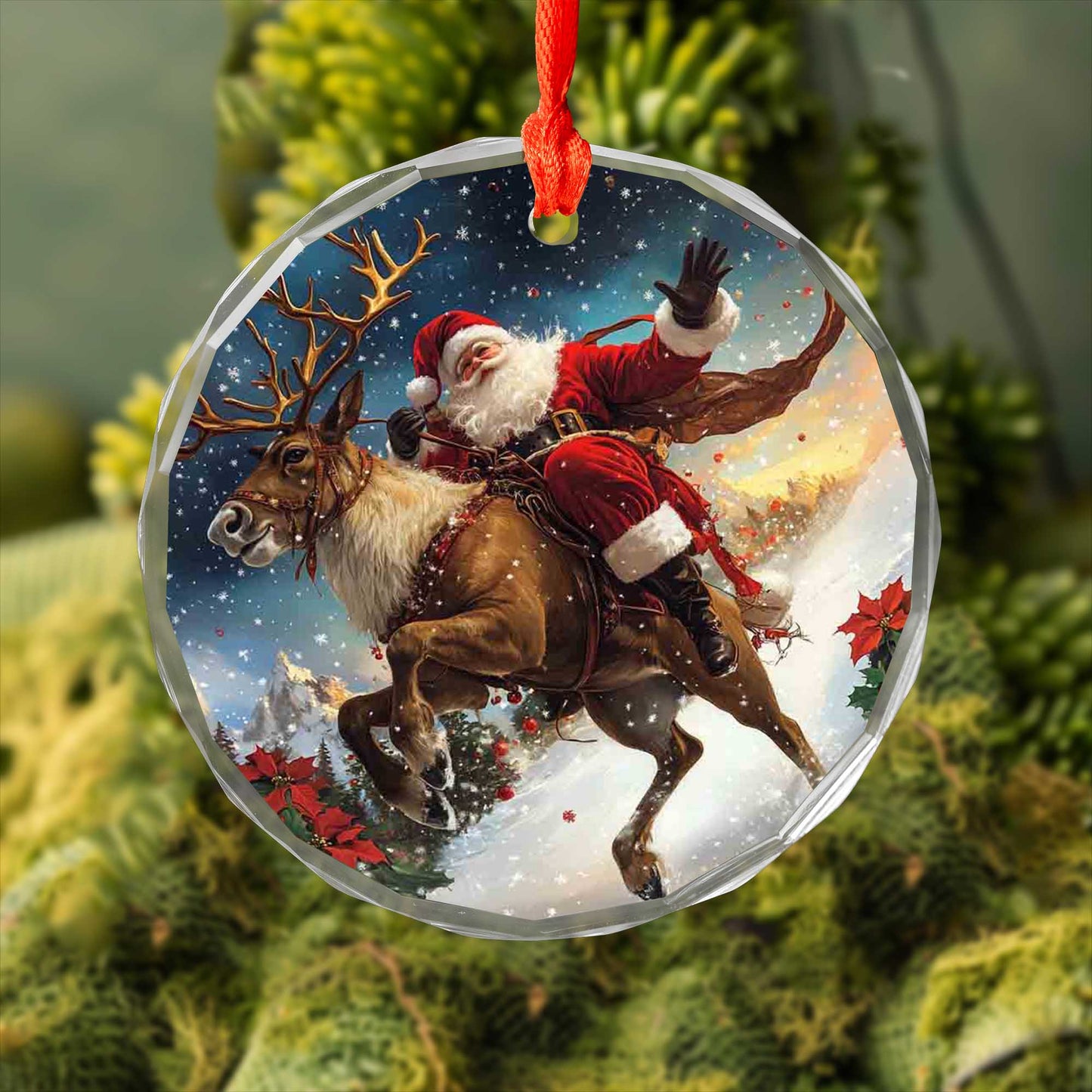 Netecom Santa Claus on Reindeer Glass Ornament – Merry Christmas Tree Decoration, 3-Inch Holiday Keepsake
