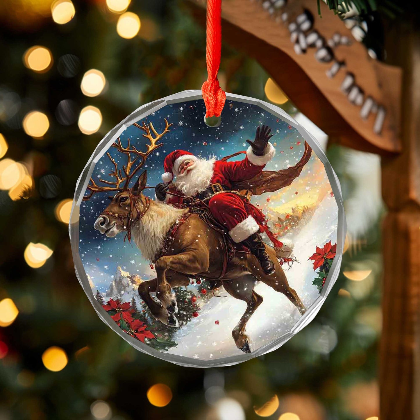 Netecom Santa Claus on Reindeer Glass Ornament – Merry Christmas Tree Decoration, 3-Inch Holiday Keepsake