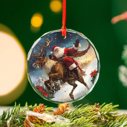 Netecom Santa Claus on Reindeer Glass Ornament – Merry Christmas Tree Decoration, 3-Inch Holiday Keepsake