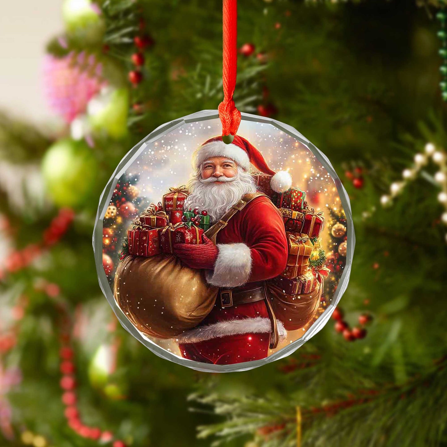 Netecom Santa Claus Carrying Christmas Gifts Glass Ornament – Holiday Tree Decoration, Festive Keepsake