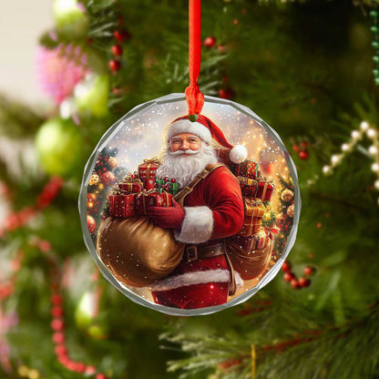 Netecom Santa Claus Carrying Christmas Gifts Glass Ornament – Holiday Tree Decoration, Festive Keepsake
