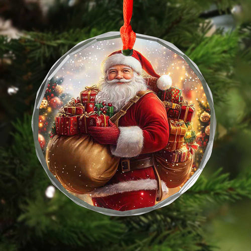 Netecom Santa Claus Carrying Christmas Gifts Glass Ornament – Holiday Tree Decoration, Festive Keepsake