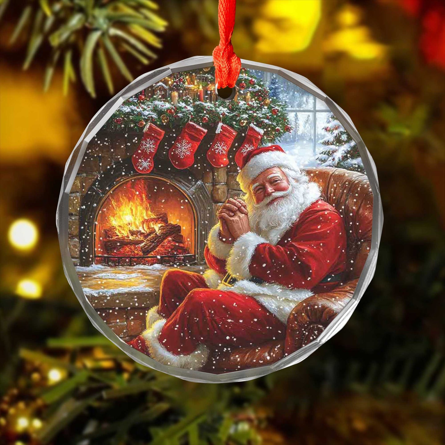 Netecom Santa Claus by the Fireplace Glass Ornament – Christmas Tree Decoration, Holiday Keepsake