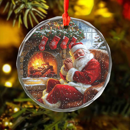 Netecom Santa Claus by the Fireplace Glass Ornament – Christmas Tree Decoration, Holiday Keepsake