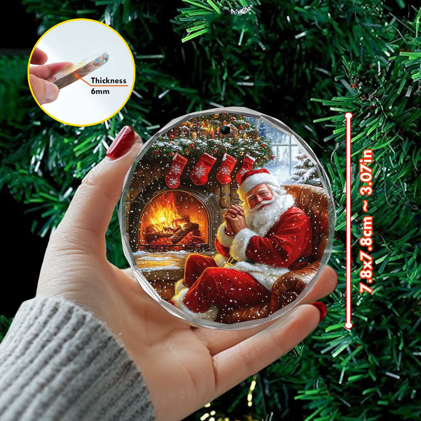 Netecom Santa Claus by the Fireplace Glass Ornament – Christmas Tree Decoration, Holiday Keepsake