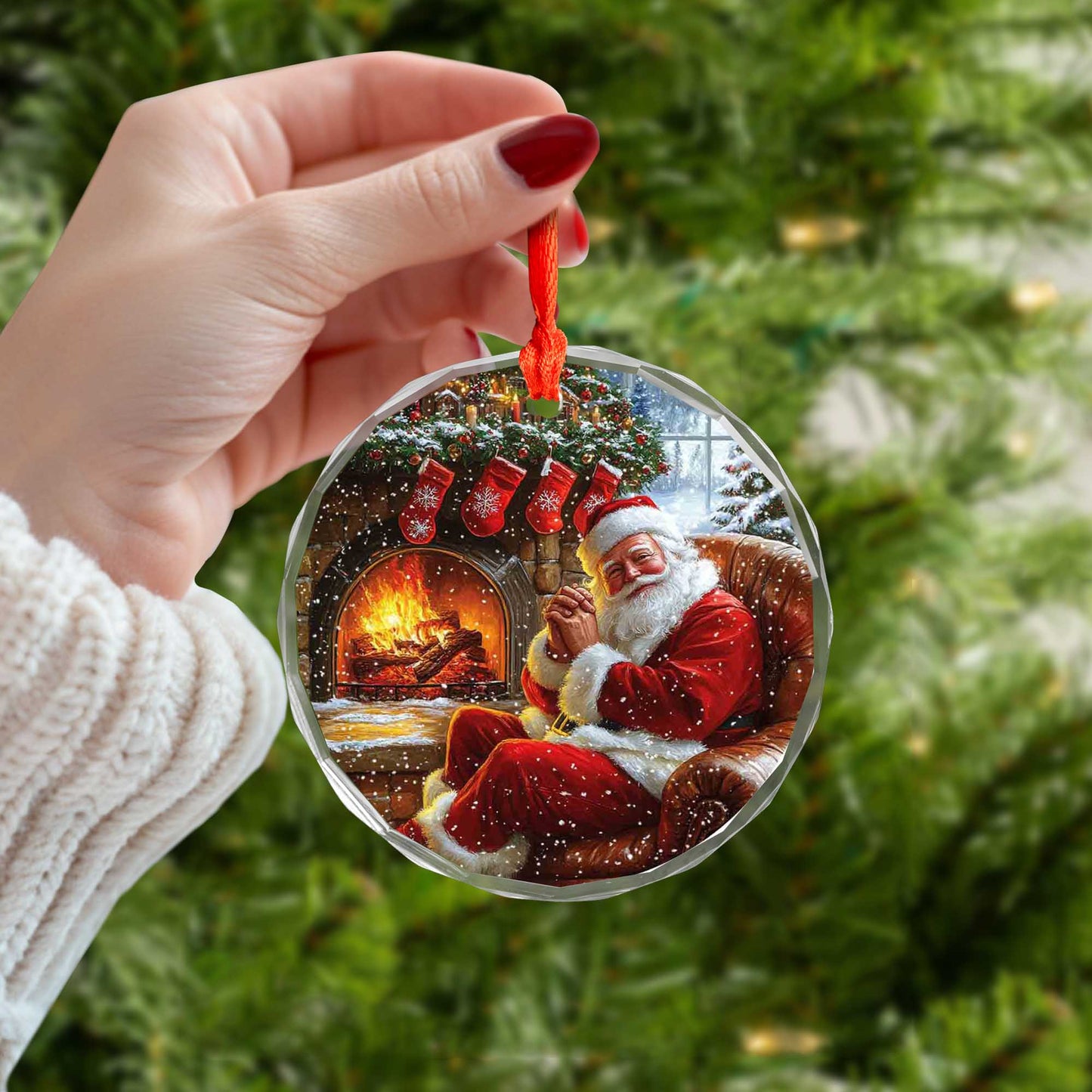 Netecom Santa Claus by the Fireplace Glass Ornament – Christmas Tree Decoration, Holiday Keepsake