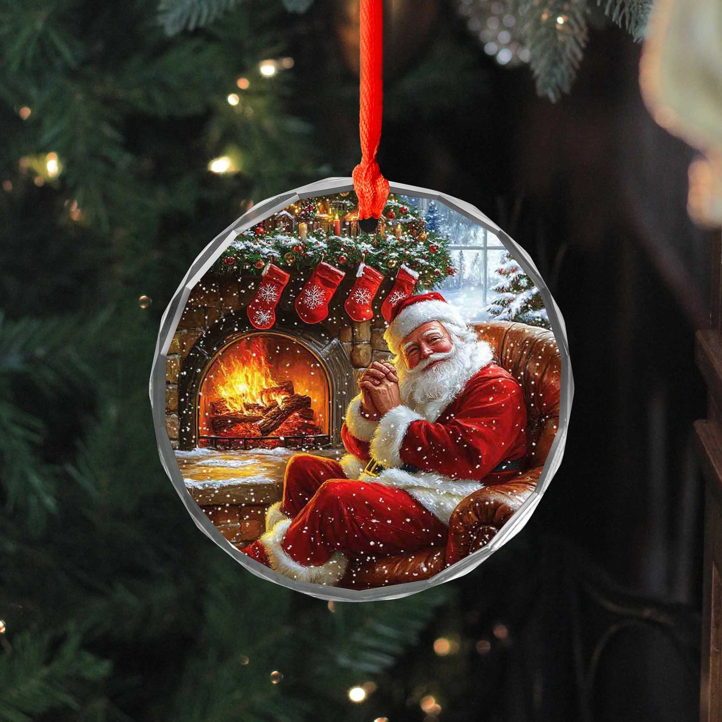 Netecom Santa Claus by the Fireplace Glass Ornament – Christmas Tree Decoration, Holiday Keepsake