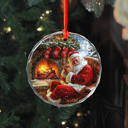 Netecom Santa Claus by the Fireplace Glass Ornament – Christmas Tree Decoration, Holiday Keepsake