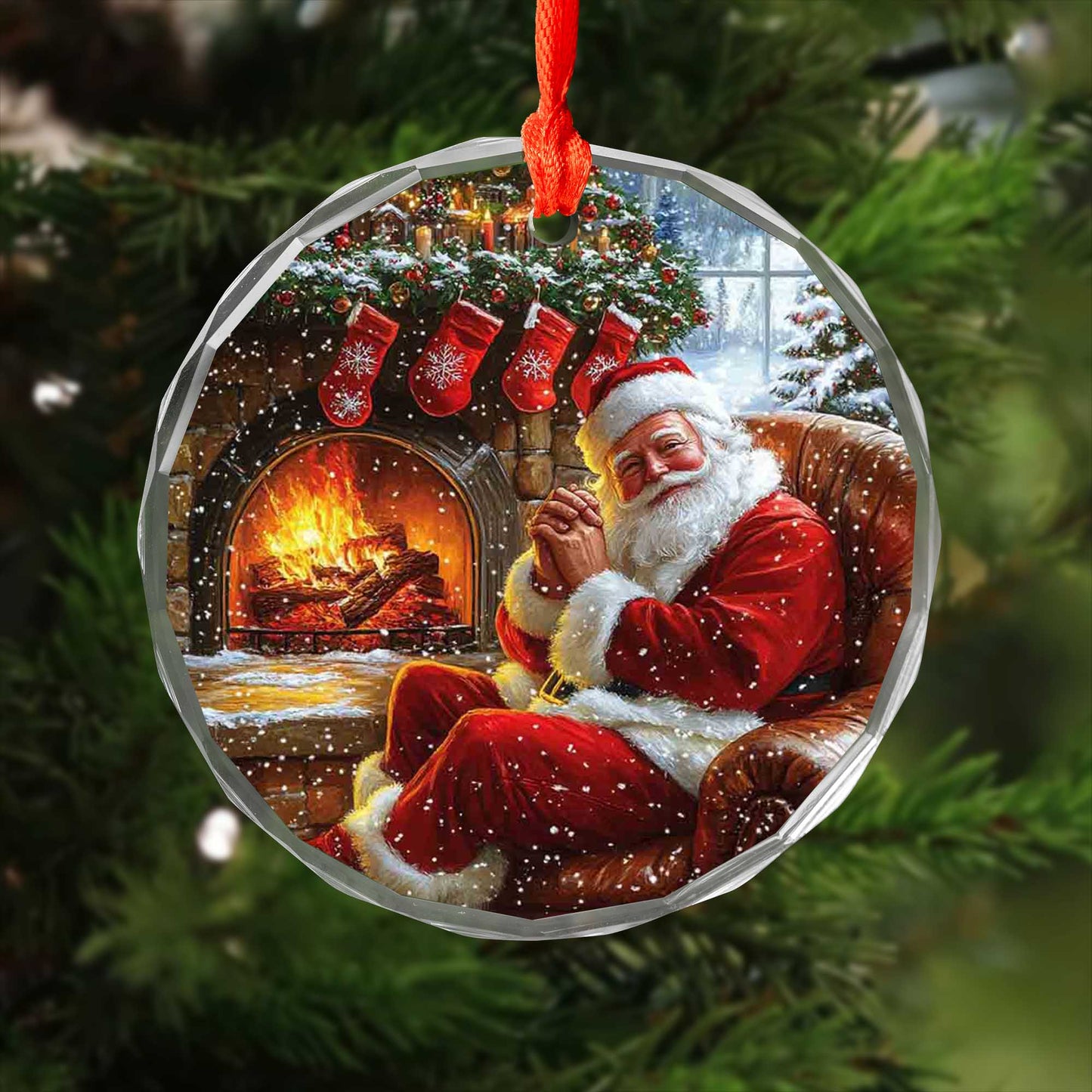 Netecom Santa Claus by the Fireplace Glass Ornament – Christmas Tree Decoration, Holiday Keepsake