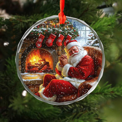 Netecom Santa Claus by the Fireplace Glass Ornament – Christmas Tree Decoration, Holiday Keepsake