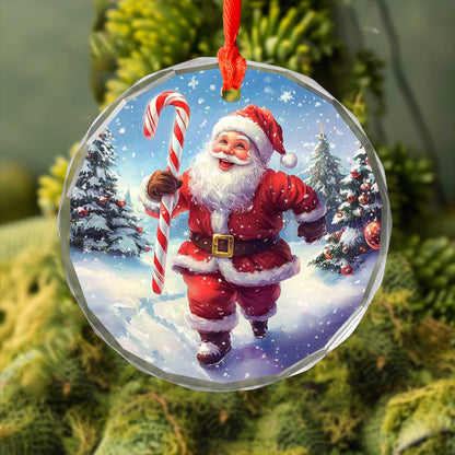 Netecom Santa Claus Holding Candy Cane Glass Ornament – Festive Christmas Tree Decoration, Seasonal Keepsake