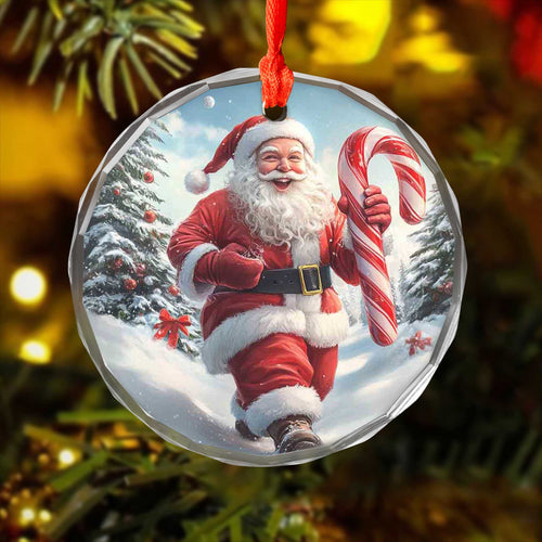 Netecom Santa Claus in Snow with Candy Cane Glass Ornament – Christmas Tree Decor, Holiday Keepsake Gift