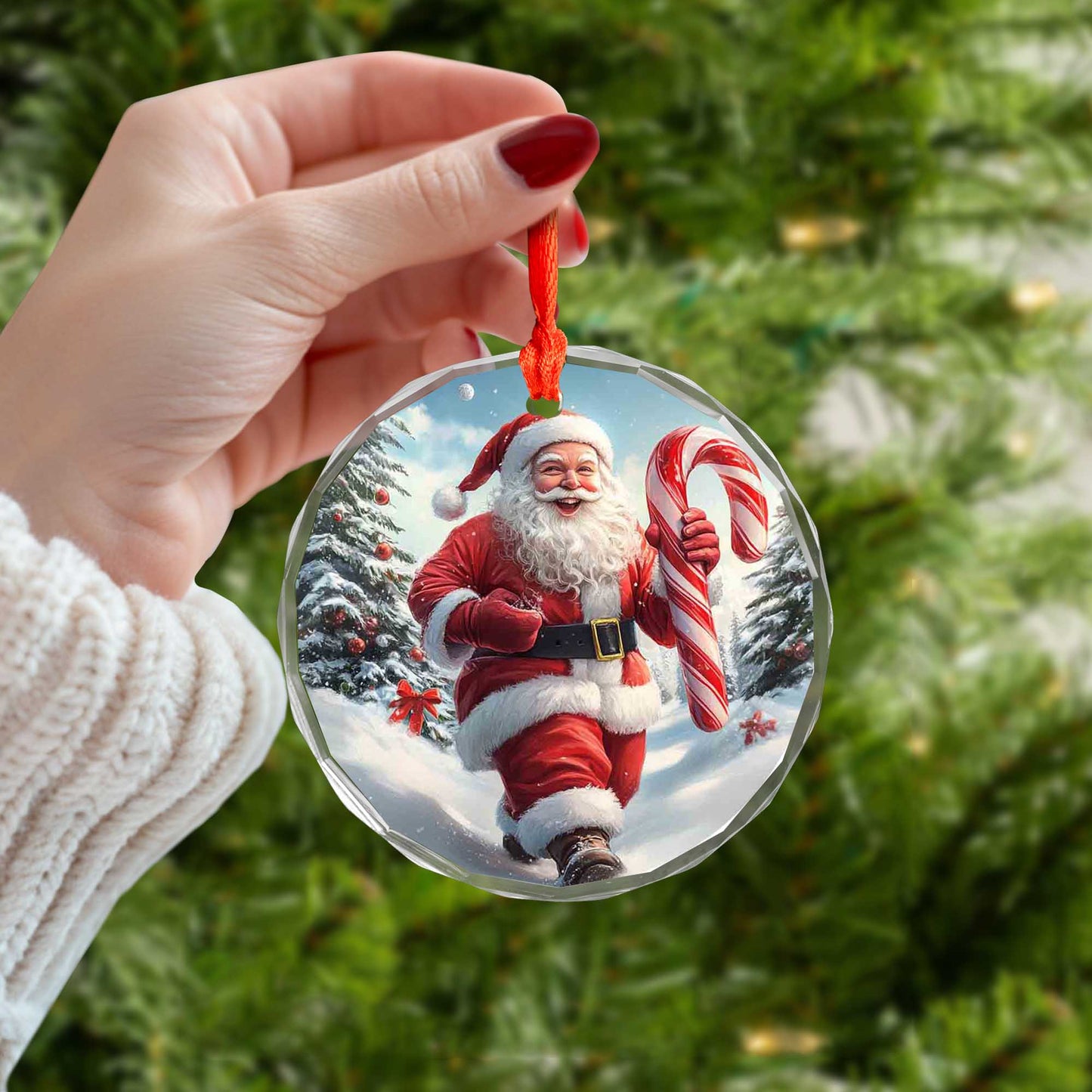 Netecom Santa Claus in Snow with Candy Cane Glass Ornament – Christmas Tree Decor, Holiday Keepsake Gift