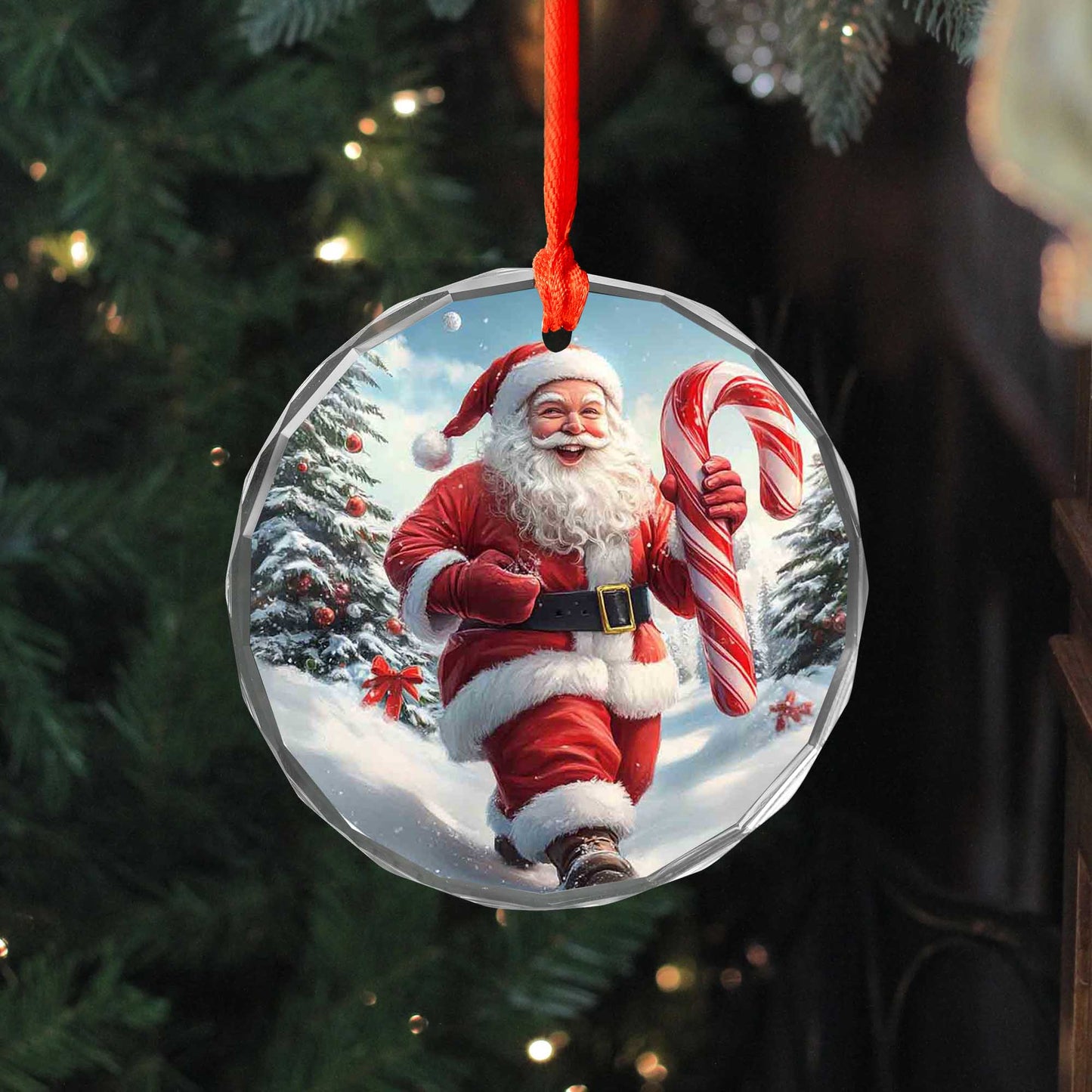 Netecom Santa Claus in Snow with Candy Cane Glass Ornament – Christmas Tree Decor, Holiday Keepsake Gift