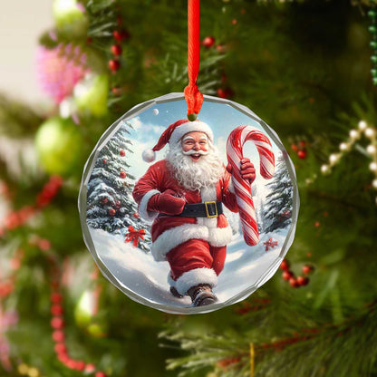 Netecom Santa Claus in Snow with Candy Cane Glass Ornament – Christmas Tree Decor, Holiday Keepsake Gift