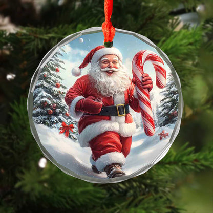 Netecom Santa Claus in Snow with Candy Cane Glass Ornament – Christmas Tree Decor, Holiday Keepsake Gift