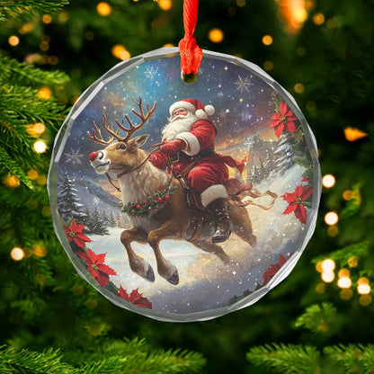 Netecom Santa Claus & Reindeer Christmas Glass Ornament – Riding Through Snow, 3-Inch Holiday Tree Decoration