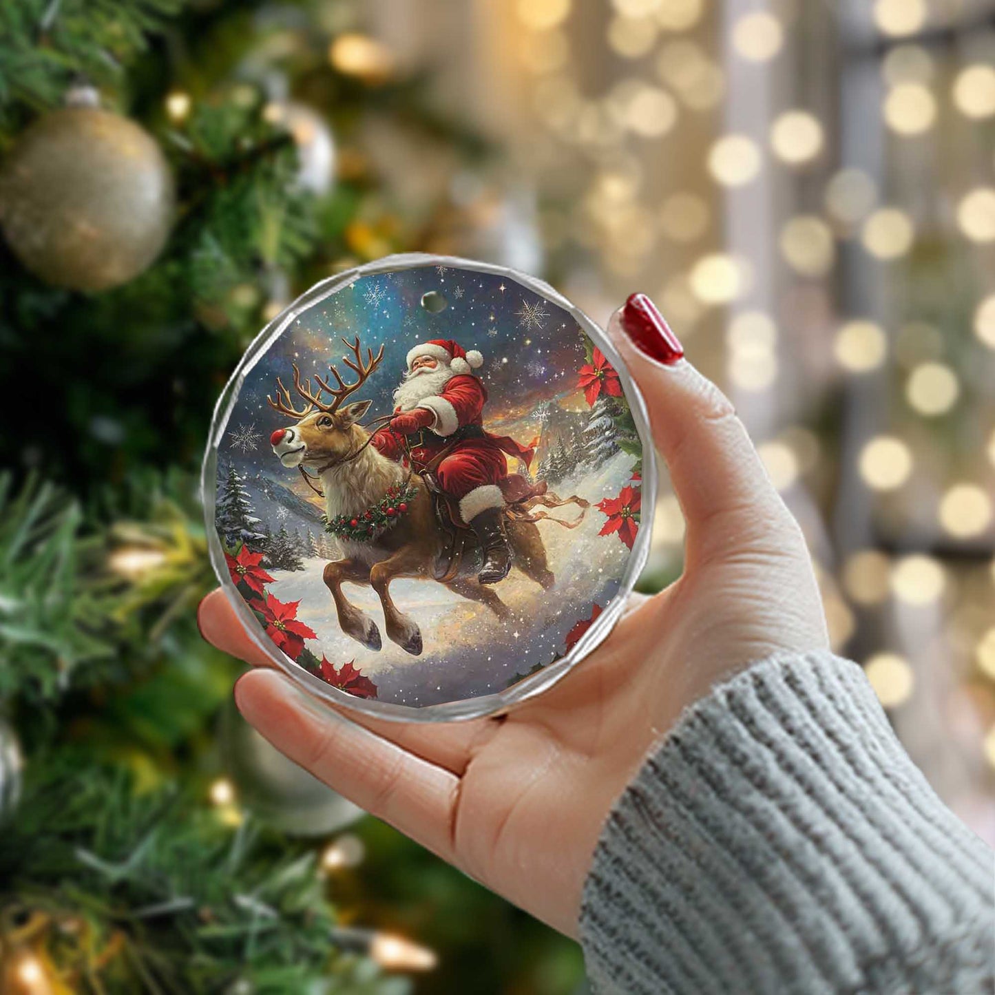 Netecom Santa Claus & Reindeer Christmas Glass Ornament – Riding Through Snow, 3-Inch Holiday Tree Decoration