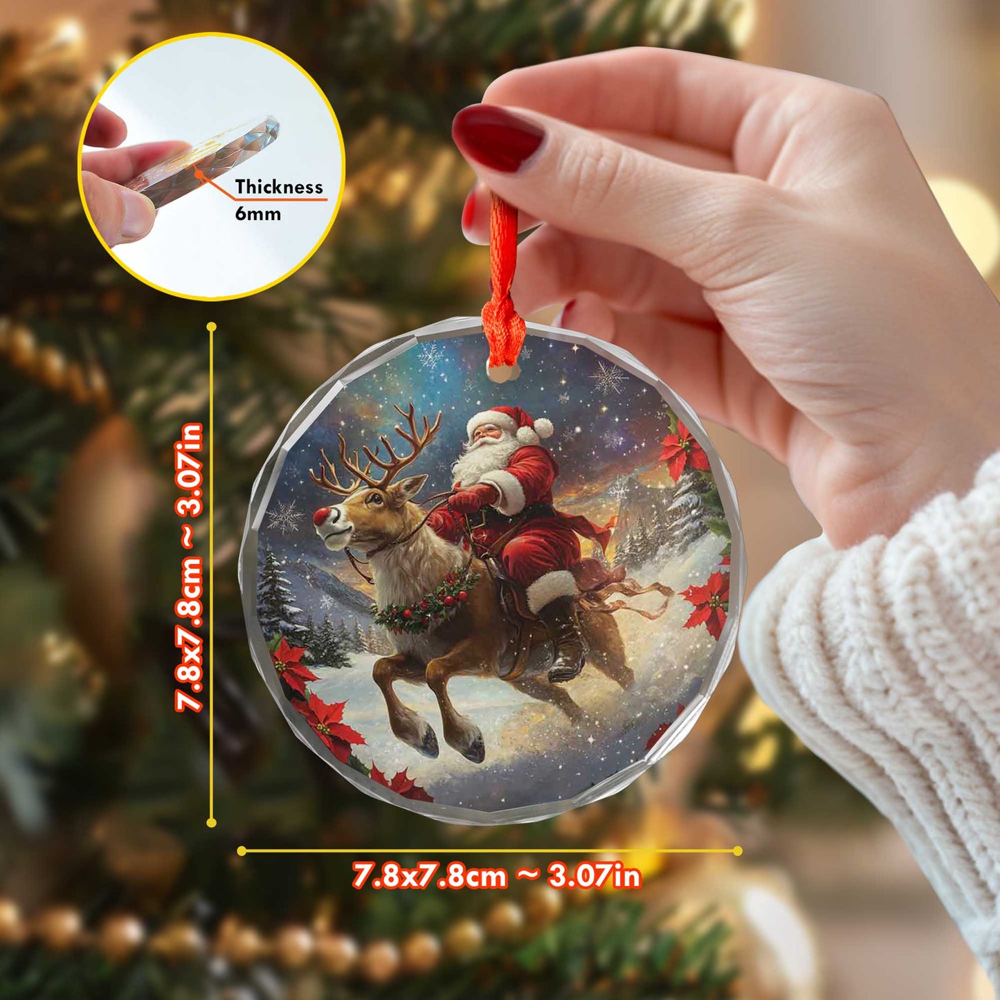 Netecom Santa Claus & Reindeer Christmas Glass Ornament – Riding Through Snow, 3-Inch Holiday Tree Decoration