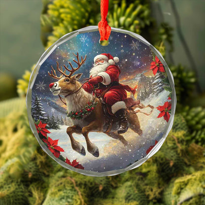 Netecom Santa Claus & Reindeer Christmas Glass Ornament – Riding Through Snow, 3-Inch Holiday Tree Decoration