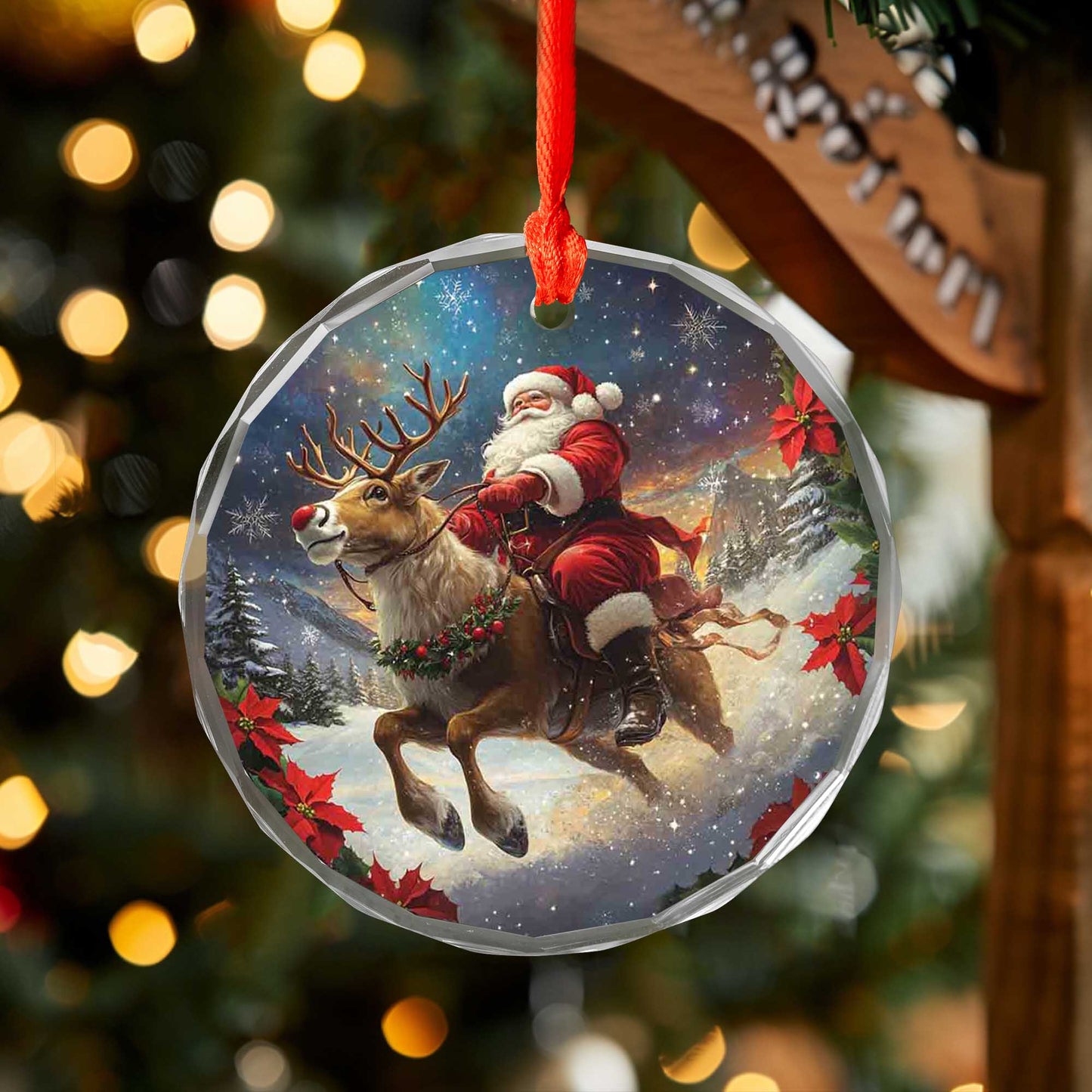 Netecom Santa Claus & Reindeer Christmas Glass Ornament – Riding Through Snow, 3-Inch Holiday Tree Decoration