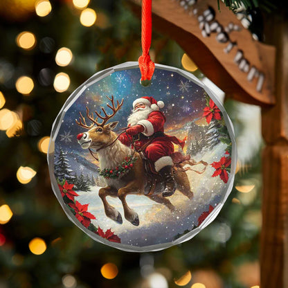 Netecom Santa Claus & Reindeer Christmas Glass Ornament – Riding Through Snow, 3-Inch Holiday Tree Decoration