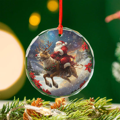Netecom Santa Claus & Reindeer Christmas Glass Ornament – Riding Through Snow, 3-Inch Holiday Tree Decoration