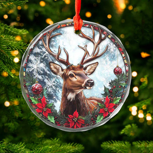 Netecom Holiday Reindeer Glass Ornament – Stained Glass Art for Christmas Tree Decoration
