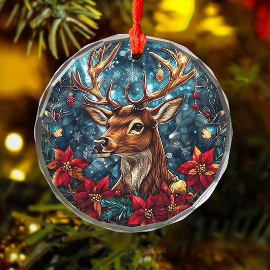 Netecom Stained Glass Reindeer Christmas Ornament – Colorful Holiday Decor with Red Poinsettia