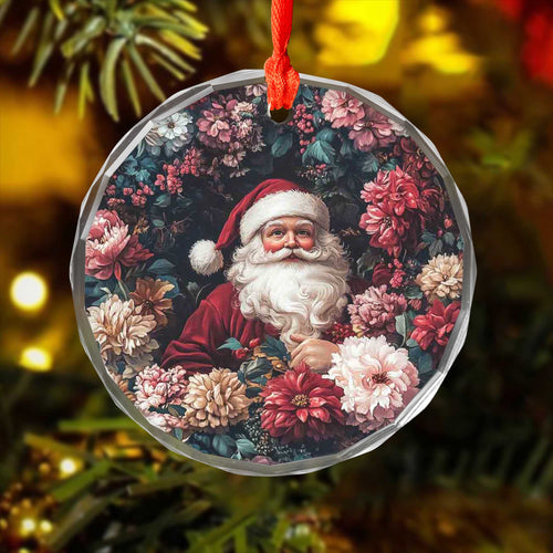 Netecom Vintage Santa Claus Ornament – Surrounded by Christmas Flowers and Berries