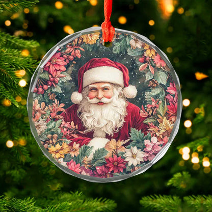 Netecom Santa Claus Surrounded by Holiday Flowers Glass Ornament – 3-Inch Christmas Tree Decoration