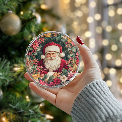 Netecom Santa Claus Surrounded by Holiday Flowers Glass Ornament – 3-Inch Christmas Tree Decoration