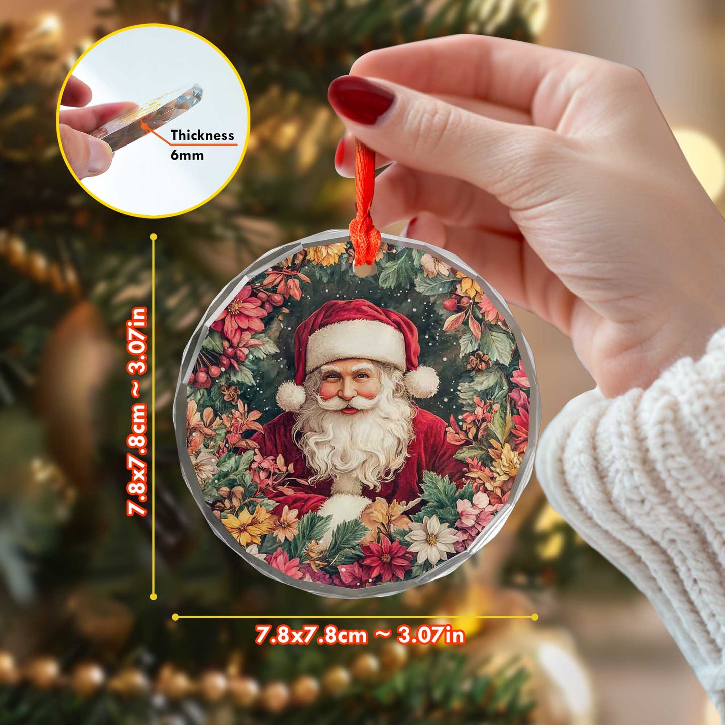 Netecom Santa Claus Surrounded by Holiday Flowers Glass Ornament – 3-Inch Christmas Tree Decoration